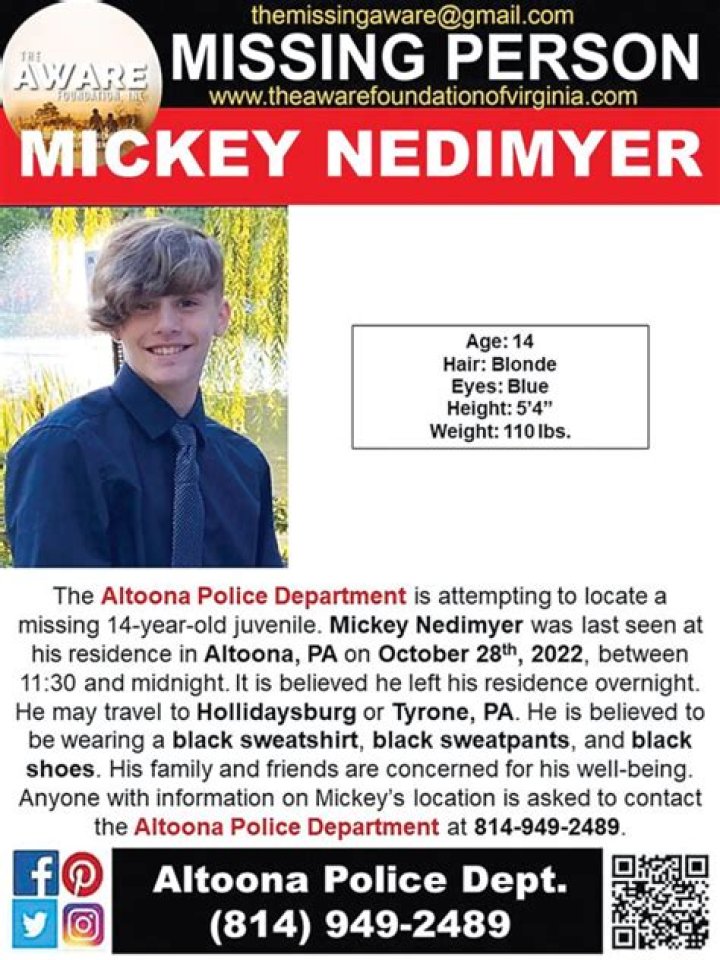 Missing MICKEY NEDIMYER Mickey Nedimyer did not return home from school (10/17/22)